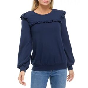 Cupio Women's Long Sleeve Ruffle Chest Knit Top Navy - Size XL